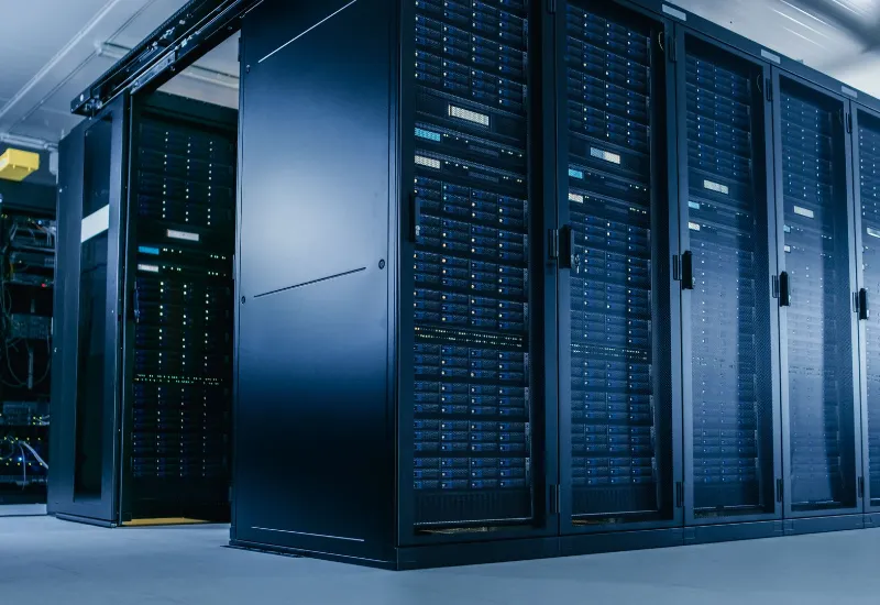 Rows of black server racks in a data center.