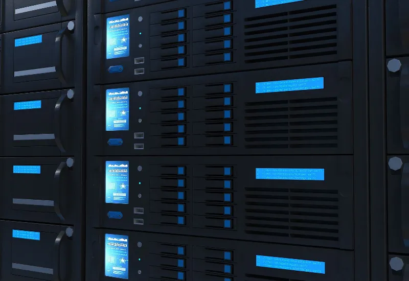 Close-up of data centre server racks showing multiple black units with blue indicator lights and labels, representing high-performance computing and network storage systems.