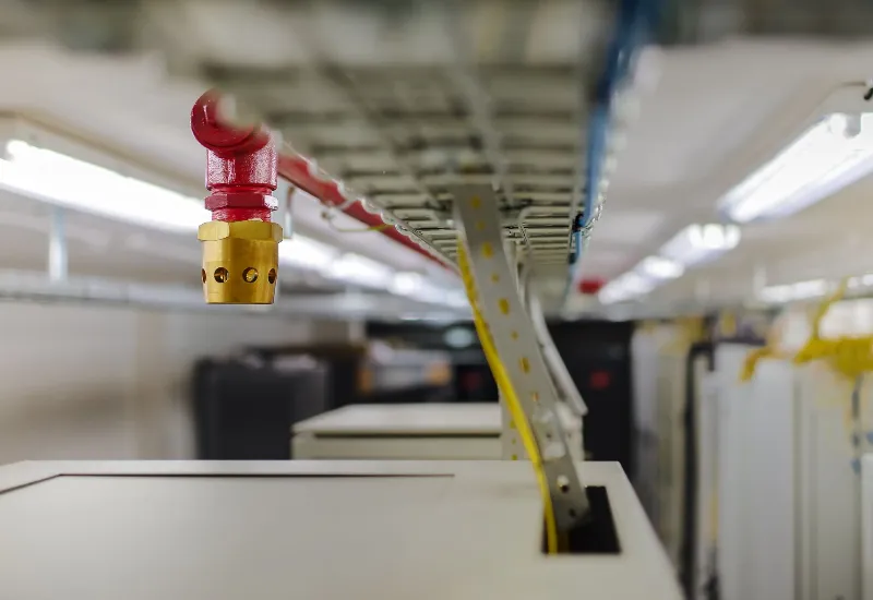 Close-up of a gas-based fire suppression nozzle with a brass fitting connected to a red pipeline above data centre server racks, designed to protect sensitive electronic equipment from fire damage.