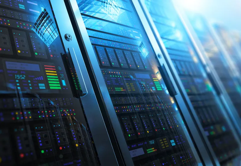 Row of illuminated server racks in a modern data center