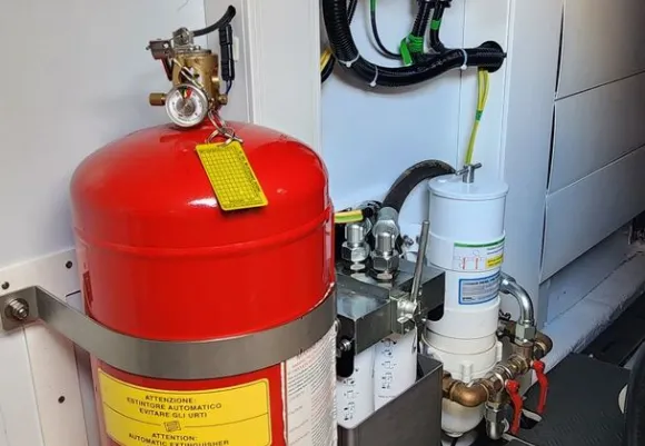 A red automatic fire extinguisher cylinder with a yellow label mounted on a metal bracket beside a MAN-branded control panel and connected industrial components, including filters, pipes, and wiring, inside a clean equipment compartment with a metal floor.