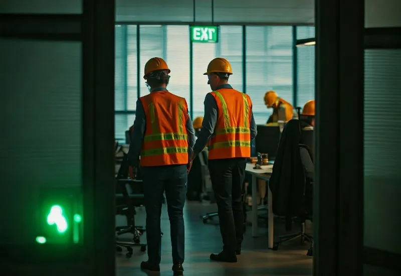 Workers in safety vests and helmets standing in an office near an illuminated exit sign