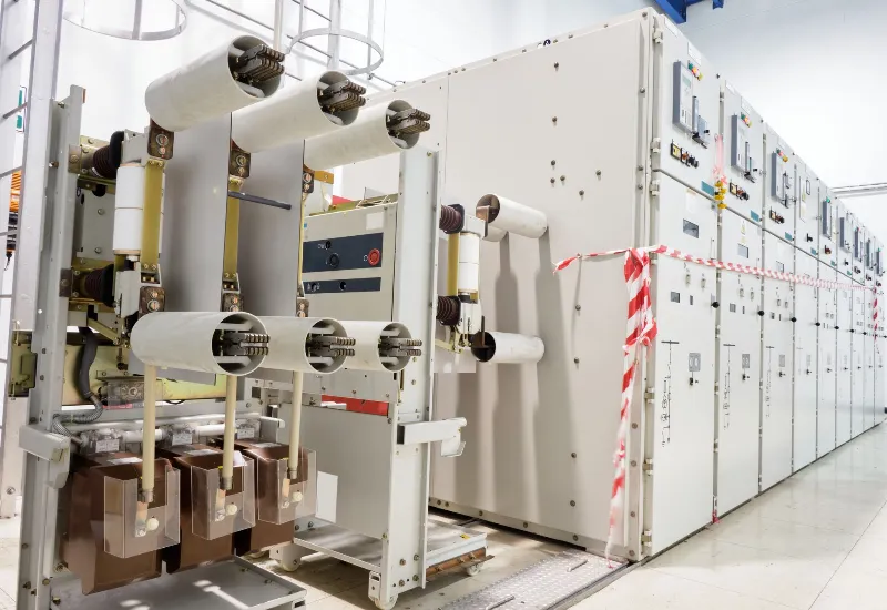 Industrial electrical switchgear room featuring high-voltage control panels, circuit breakers, and insulated busbars, used for managing and distributing power safely in large facilities.